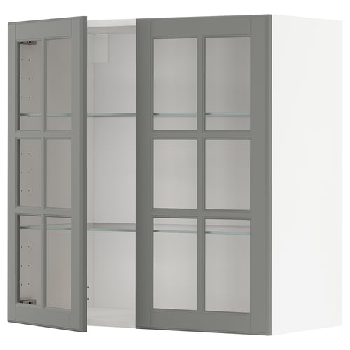 Grey METOD kitchen cabinet with glass doors, modern square design.