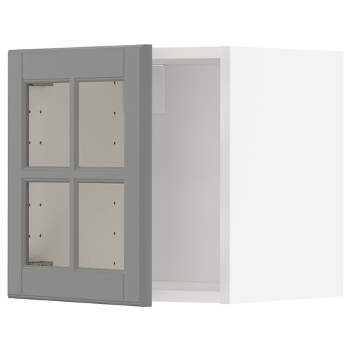 A grey METOD kitchen cabinet with glass doors, featuring a sturdy frame and bevelled edges.