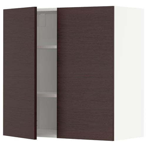 Dark brown wooden cabinet with glass shelf, sleek design, wall-mounted, minimalist style.