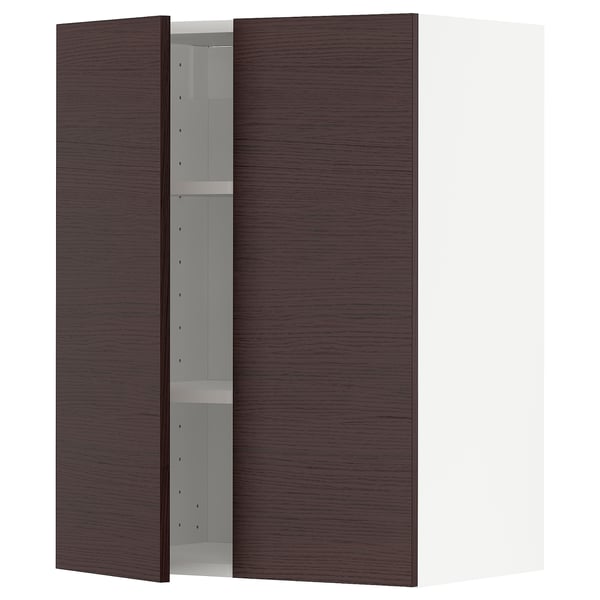 METOD Wall cabinet with shelves/2 doors, white Askersund/dark brown ash effect, 60x37x80 cm