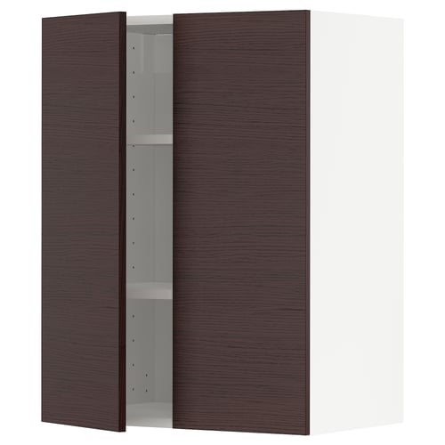 Dark brown ash wood-patterned kitchen cabinet with adjustable shelves and reversible door.