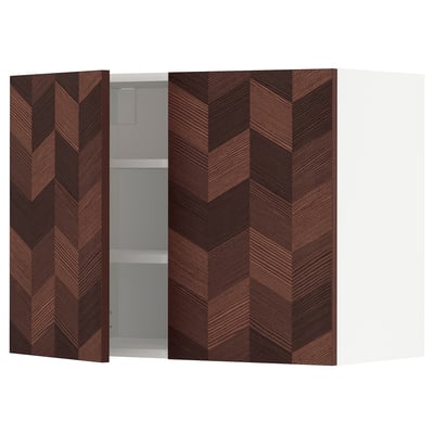 METOD Wall cabinet with shelves/2 doors, white Hasslarp/brown patterned, 80x37x60 cm