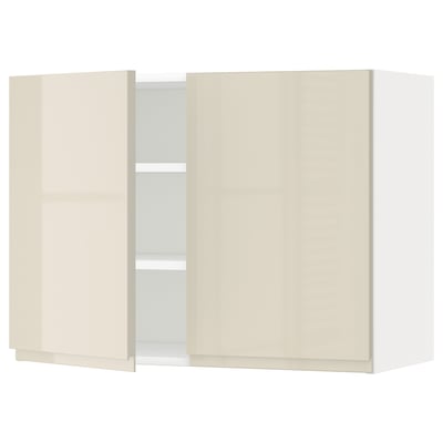 METOD Wall cabinet with shelves/2 doors, white/Voxtorp high-gloss light beige, 80x37x60 cm