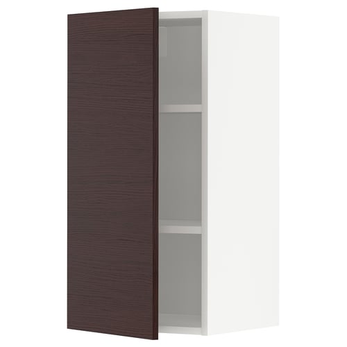 METOD kitchen cabinet with dark brown ashersund door, open, showing 2 adjustable shelves.