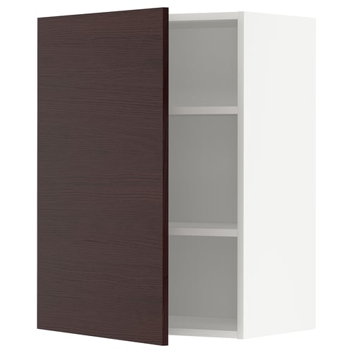 Ikea METOD dark brown cabinet with white shelves, vertical rectangular shape.