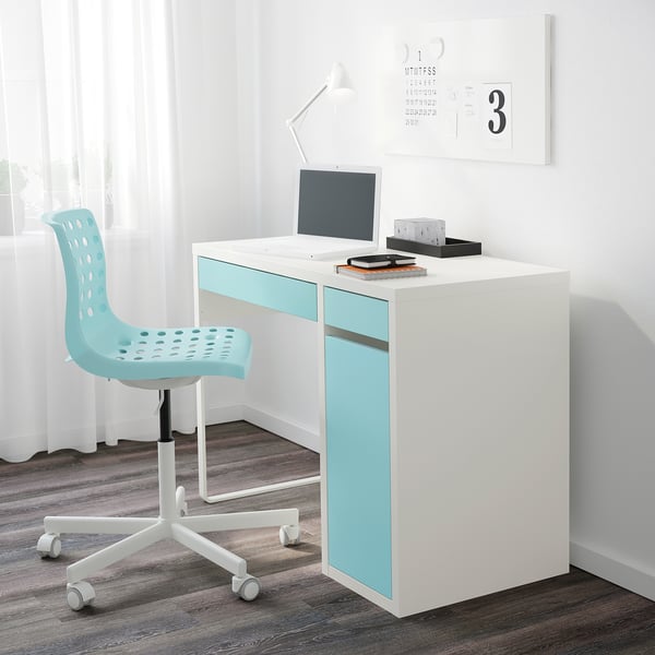 MICKE Desk, white/light turquoise, 105x50 cm