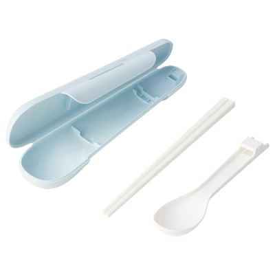 A light blue MIDDAGSGÄST utensil case with white plastic spoon and chopsticks. Its portable and convenient for eating out or picnics.