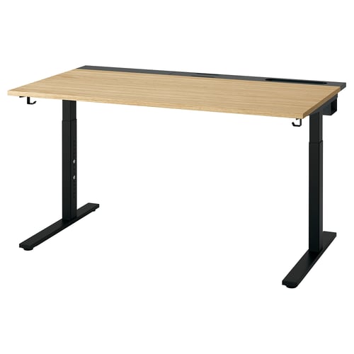MITTZON desk, black and oak, adjustable height, modern design, tactile surface, with cable management.