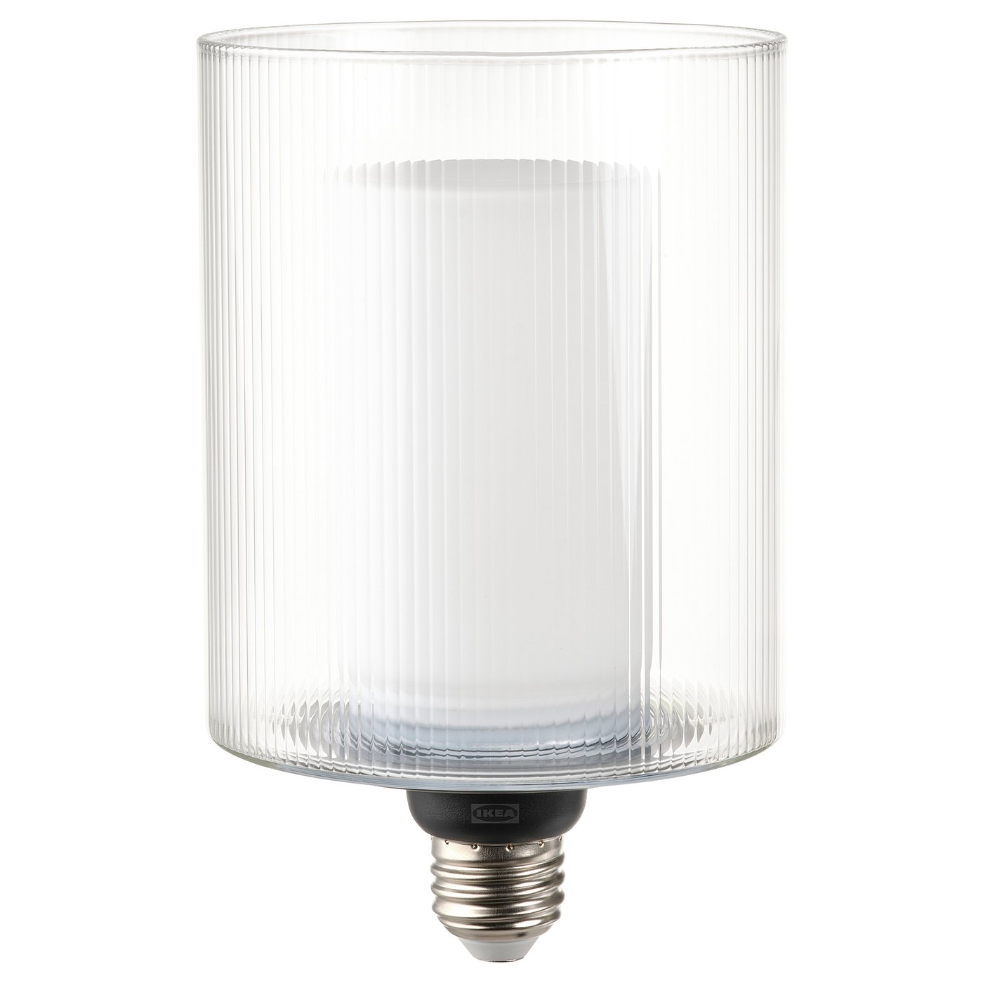 IKEA MOLNART: clear glass lamp with ribbed design, holding a warm white led bulb, creates cosy light.