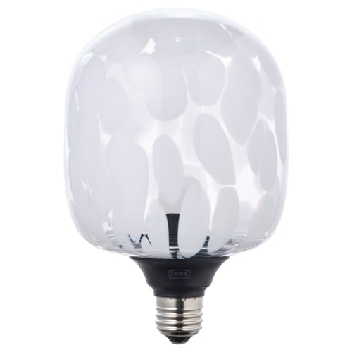 Ikea MOLNART light bulb. White with dot design, spherical shape, glass cover.