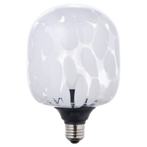 Ikea MOLNART light bulb. White with dot design, spherical shape, glass cover.