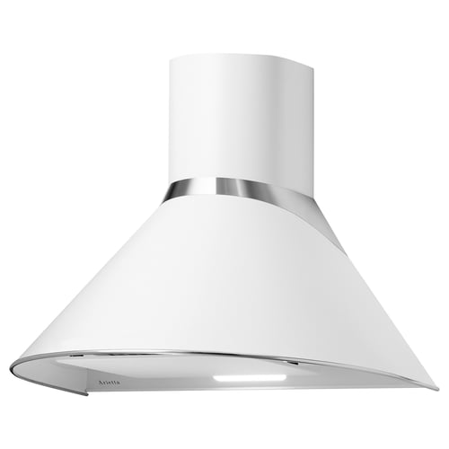 Arietta moralis white wall-mounted range hood with glass, chrome accents.