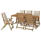 NÄMMARÖ Table+6 reclining chairs, outdoor, light brown stained/Kuddarna light grey-beige, 200x75 cm