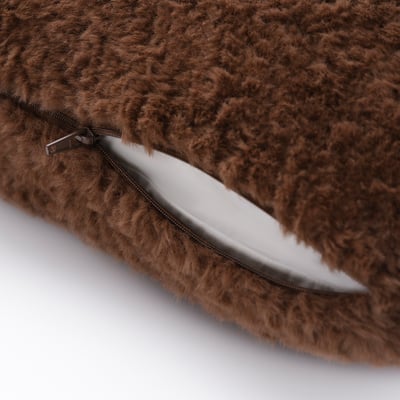 Fluffy brown cushion cover with zip, made from recycled polyester for easy cleaning.