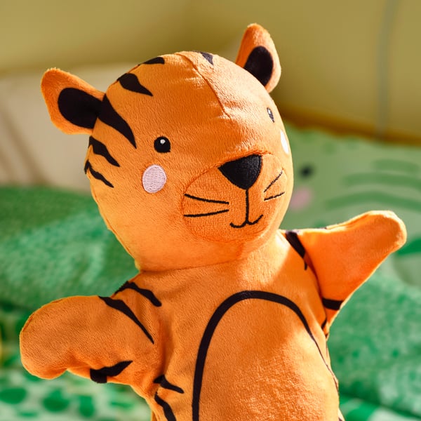 Stuffed tiger puppet with black stripes, orange positionable arms, cute smile, soft, high-quality fabric.