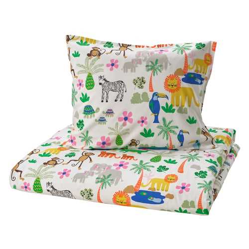 Colourful kids jungle bedding set with lions, elephants, monkeys. Bright, playful design with cotton-viscose duvet & pillowcase.