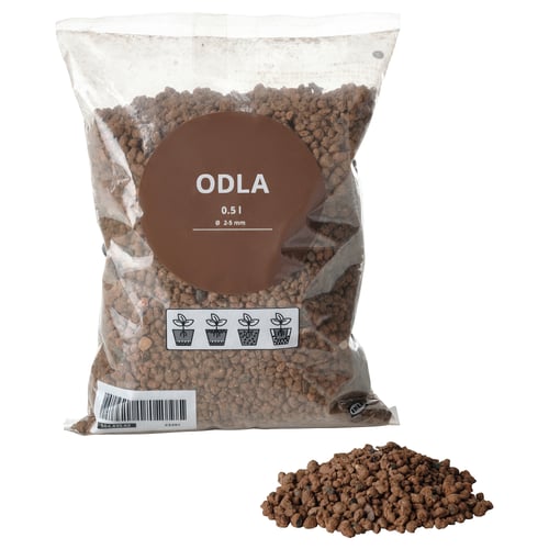 Bag of brown ODLA clay pebbles, transparent packaging with label, shown with pile of pebbles.