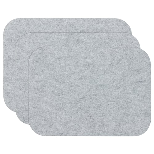 Three grey recycled polyester mats stacked together, rectangular with rounded corners.