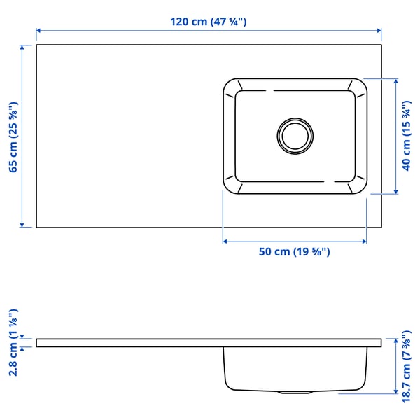 OLOFSJÖN Worktop with 1 integrated sink, stainless steel, 120x65.0 cm