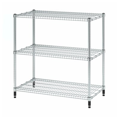 OMAR 3-tier chrome wire shelf unit, modern, adjustable, sturdy metal design.