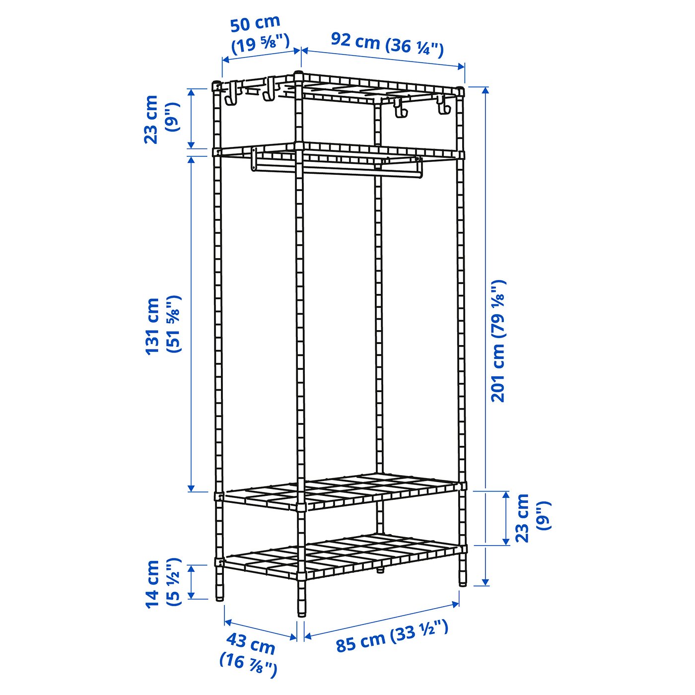 OMAR シェルフユニット ハンガーレール付き 92x50x201 cm OMAR shelving unit with clothes rail, galvanised, 92x50x201 cm - IKEA