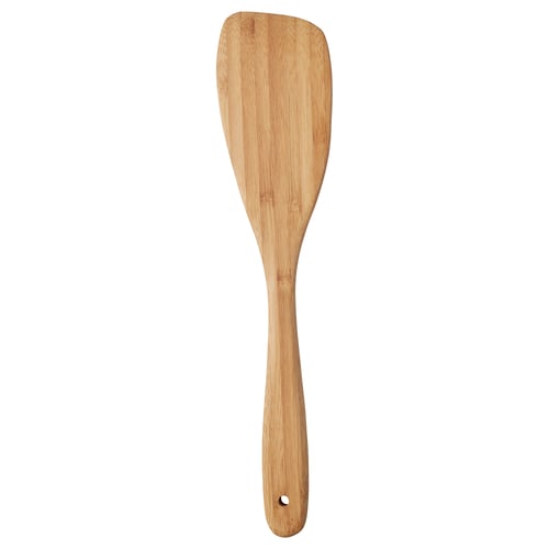 OSTBIT wooden spatula, natural bamboo colour, rectangular blade, long handle with hanging hole.