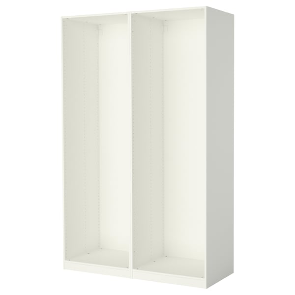 This is a PAX wardrobe frame in white, rectangular shaped, simple design, made of particleboard and fibreboard.