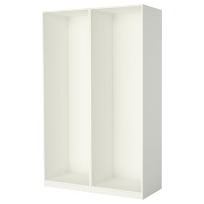 This is a PAX wardrobe frame in white, rectangular shaped, simple design, made of particleboard and fibreboard.