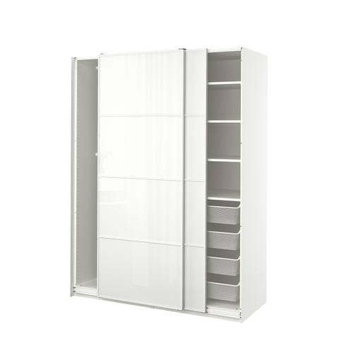 White PAX wardrobe with sliding doors and mesh drawers. Modern, sleek design with clean lines.