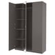 PAX wardrobe: tall, grey, mirrored, with multiple shelves inside.