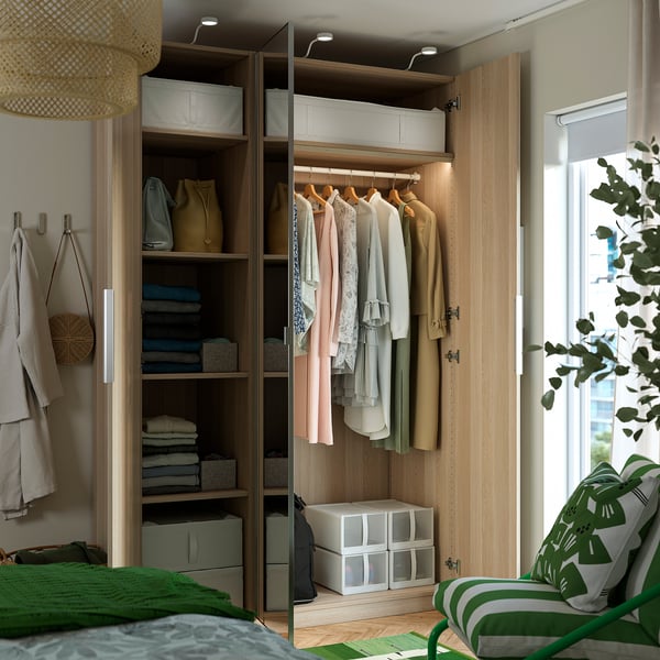 PAX / FORSAND/ÅHEIM Wardrobe combination, white stained oak effect/mirror glass, 150x60x236 cm