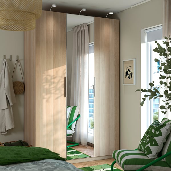 PAX / FORSAND/ÅHEIM Wardrobe combination, white stained oak effect/mirror glass, 150x60x236 cm