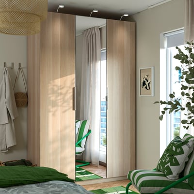PAX / FORSAND/ÅHEIM Wardrobe combination, white stained oak effect/mirror glass, 150x60x236 cm