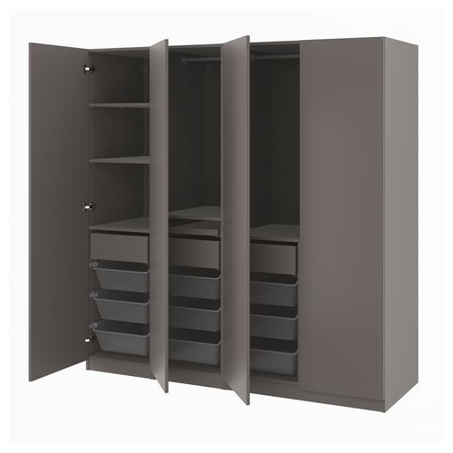 Modern grey closet with mesh baskets, adjustable shelves, and soft-close doors.
