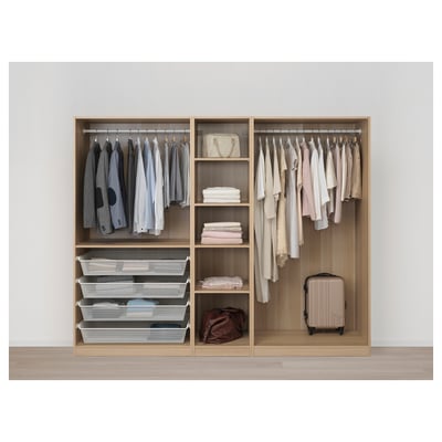Open wardrobe displaying various clothing items neatly organised on shelves and hanging racks, showing ample storage space and easy access.