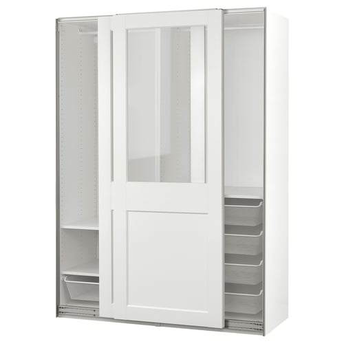 A white PAX wardrobe with glass doors. It mesh baskets and sliding doors for clothes storage.