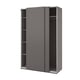 Grey sliding door wardrobe, minimalist design, with shelves inside.