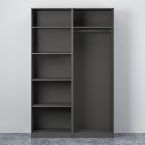 Black modular wardrobe with adjustable feet and sliding doors, offering basic storage solution.