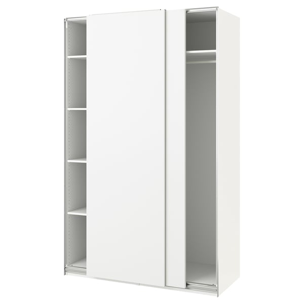 White PAX wardrobe with sliding doors, internal shelves, aluminium rail, and steel rail.