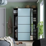 PAX / MEHAMN/AULI Wardrobe with sliding doors, dark grey double sided/light blue mirror glass, 150x43x201 cm