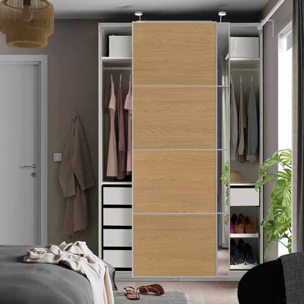 PAX / MEHAMN/AULI Wardrobe with sliding doors, white aluminium/oak effect mirror glass, 150x66x236 cm