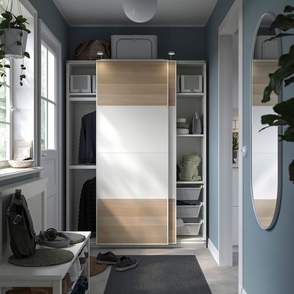 PAX / MEHAMN Wardrobe combination, white/double sided white stained oak effect, 150x43x201 cm