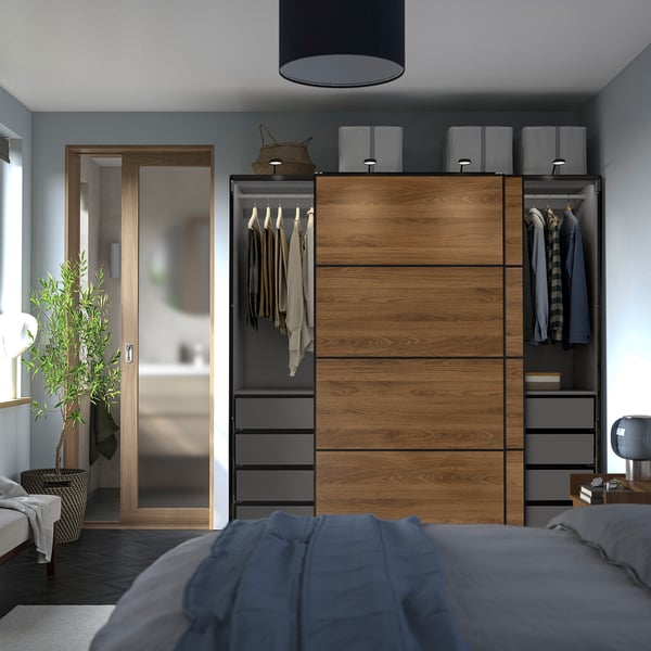 PAX / MEHAMN Wardrobe with sliding doors, dark grey black/double sided walnut, 200x66x201 cm