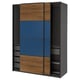 Modern wardrobe: IKEA PAX with blue & wood sliding doors, metal frame.