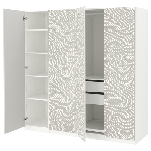 An open white PAX wardrobe with a textured door design. It multiple shelves and compartments for storage.