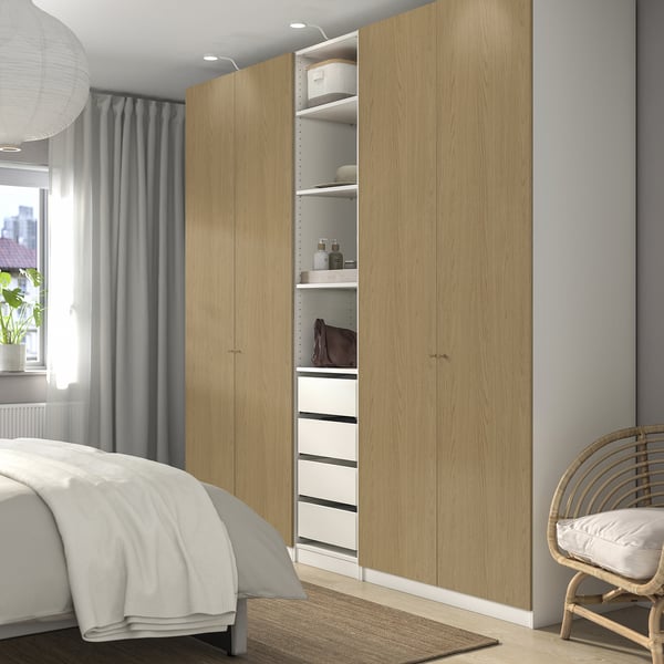PAX / STORKLINTA Wardrobe combination, white/oak effect, 250x60x236 cm