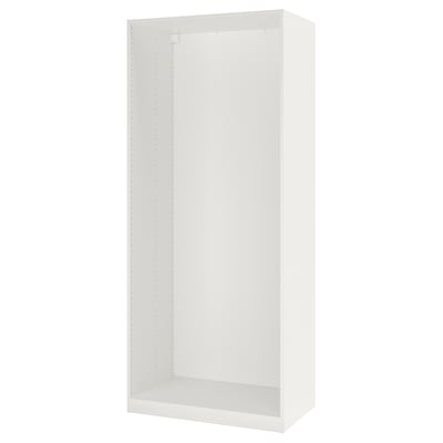 Modern white PAX wardrobe frame: tall, rectangular, open-fronted storage unit.