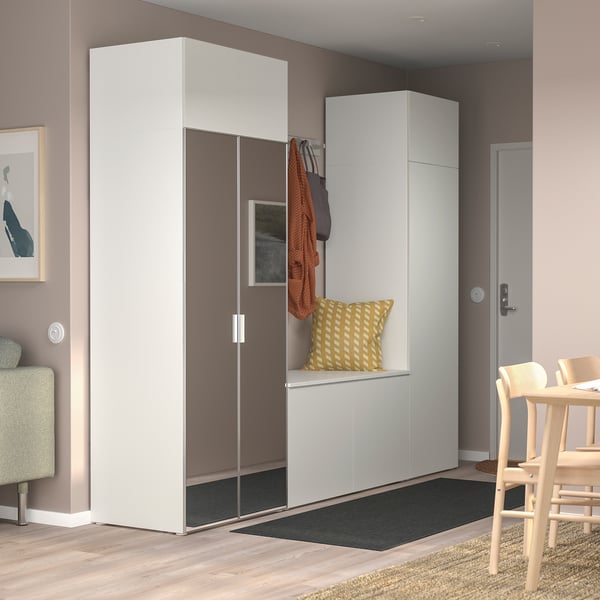 PLATSA Wardrobe with 9 doors, white STRAUMEN mirror glass/FONNES white, 260x42x221 cm