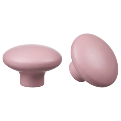 Two pink, round, wooden knobs; soft edges, smooth design; ideal for kids storage drawers.