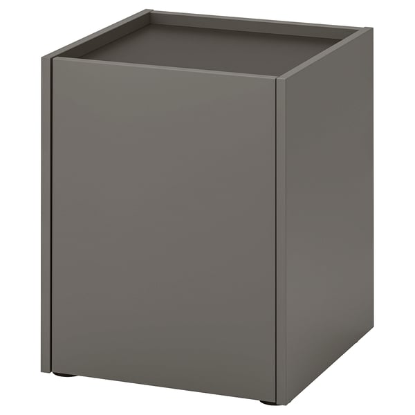 A grey PLÖJKER cabinet, square-shaped with smooth surfaces and no handles.